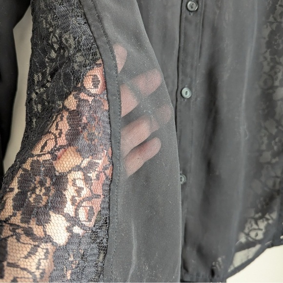 Frenchi Black Sheer Lace Button Up Blouse - Picture 4 of 6